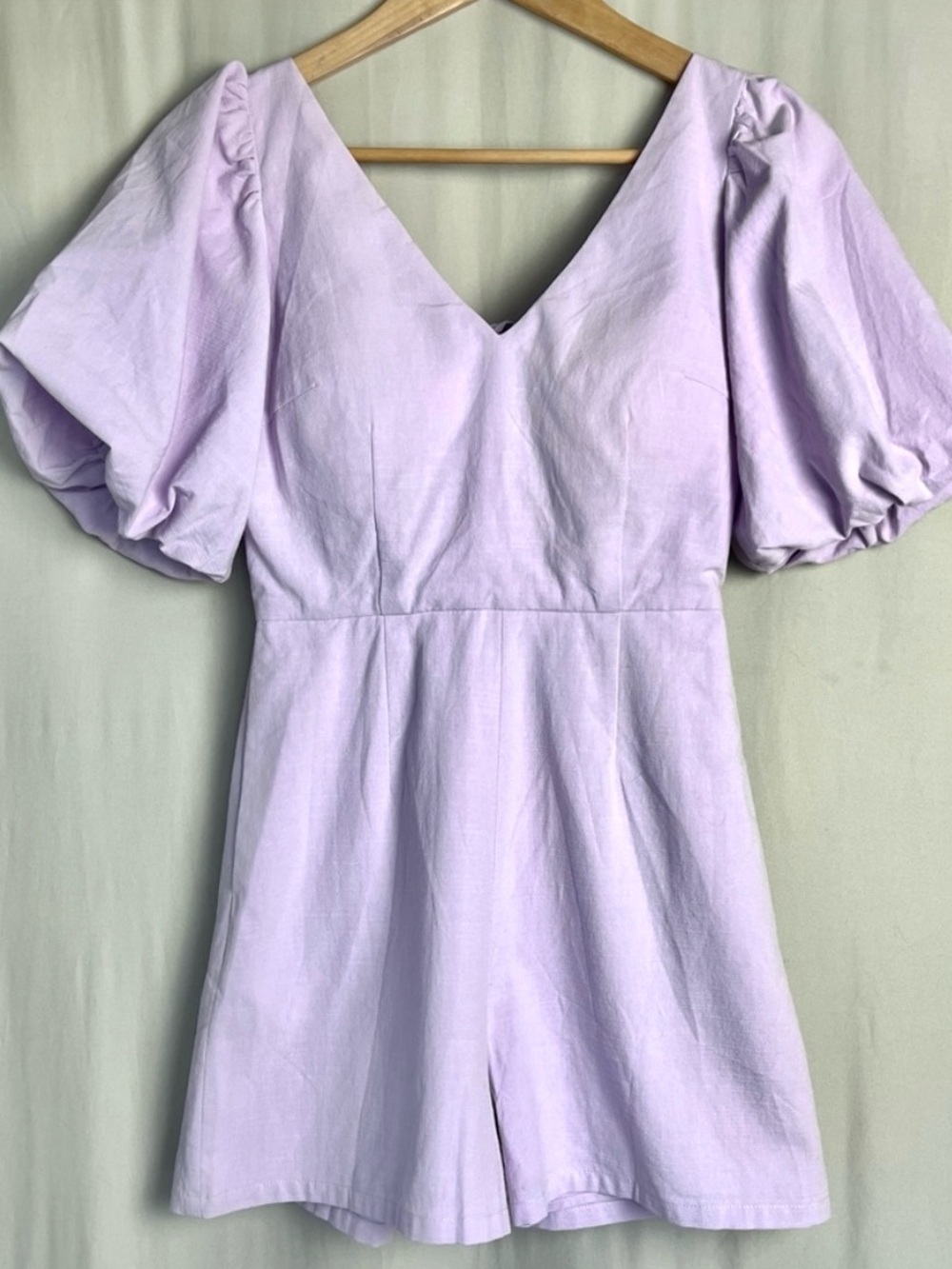 Love Bonito Lilac Puff Sleeve Romper Tie Back Linen Blend NWT XS